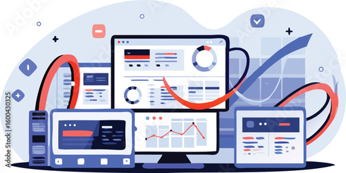 Illustration of multiple screens displaying data charts and graphs with upward trend lines shown