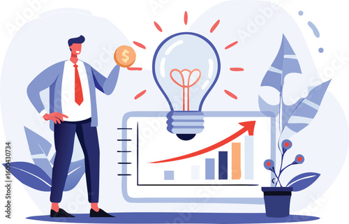 Man holding coin with lightbulb and graph showing upward trend for business investment idea success