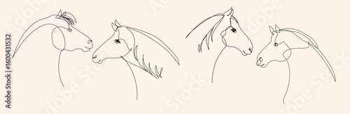 Elegant set of continuous one line horse portraits. Minimalist outline drawings on beige background, perfect for wall art, prints, branding, packaging, and modern dec