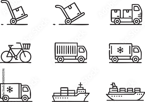 Collection of transportation and delivery icons in outline style including trucks ships bicycle hand truck and refrigerated truck for logistics and distribution themes