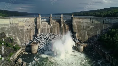 Aerial view of a huge concrete dam breaking and unleashing a flood.