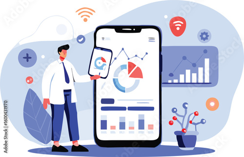 Man presenting data analytics on a mobile phone with charts and graphs illustration vector design