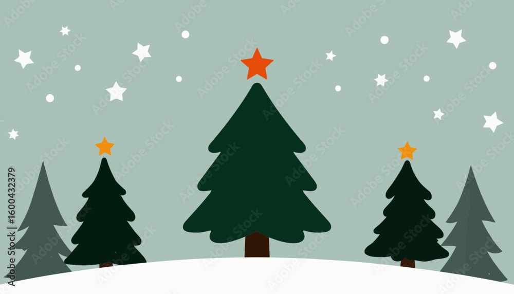 Obraz premium Christmas trees with stars in winter landscape with snowfall 