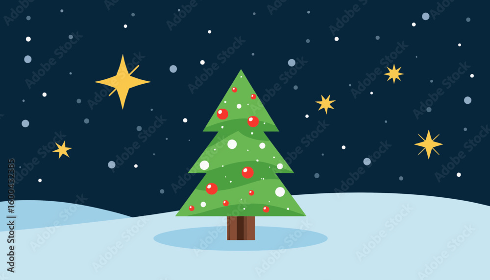 Cartoon Christmas tree with ornaments in snowy landscape at night Cartoon Christmas tree with ornaments in snowy landscape at night