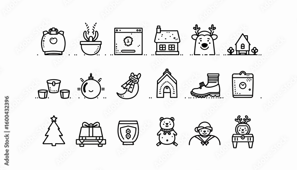 Fototapeta premium Hand-drawn festive icons featuring home, decorations, and winter themes 