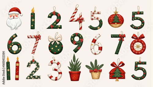 Christmas-themed decorative numbers and objects in festive colors  