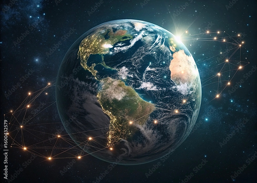 Obraz premium Digital Earth Globe in Dark Space with Glowing Lights 