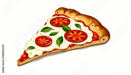 Slice of pizza with tomatoes and basil on white background  