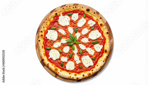Classic margherita pizza topped with mozzarella and basil leaves  