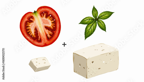Tomato and basil with tofu block on white background  