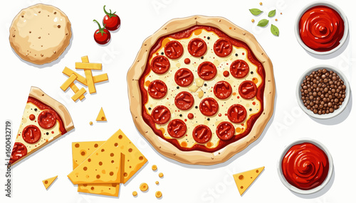 Pepperoni pizza on white background with ingredients and toppings  