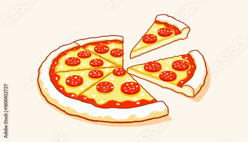 Pepperoni pizza with slices removed on beige background  