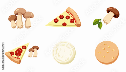 Pizza slices, mushrooms, mozzarella, and dough on white background  