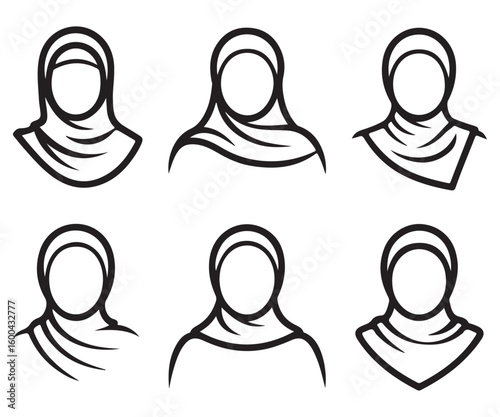 Modern Muslim Hijab Icon Vector Silhouette Set – Islamic Woman Logo Design Collection