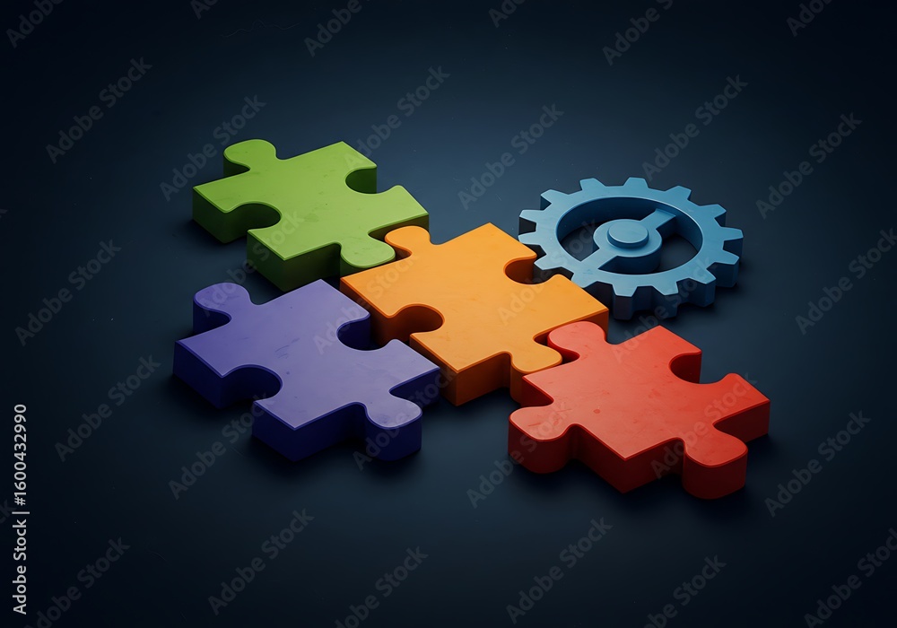 Obraz premium Interlocking puzzle pieces and a gear, symbolizing teamwork, mechanics, and problem-solving.