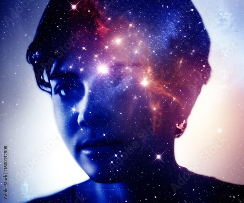 Surreal double exposure portrait blending a human face with a vibrant, starry galaxy, evoking dreams and boundless imagination through digital art.