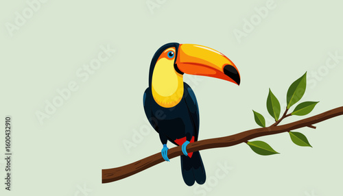 Colorful toucan sitting on a branch with green leaves  