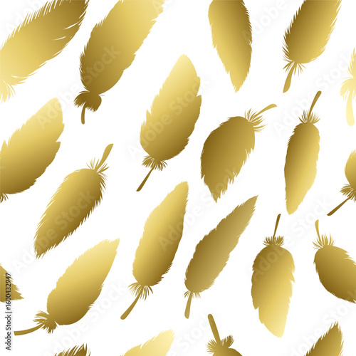 Seamless Golden Feather Pattern on White Background
