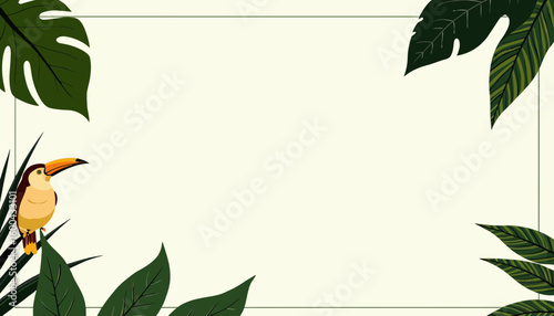 Tropical toucan sitting amidst lush green leaves on blank background  
