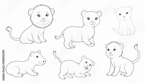 Cute lion cubs in different poses and expressions for coloring  