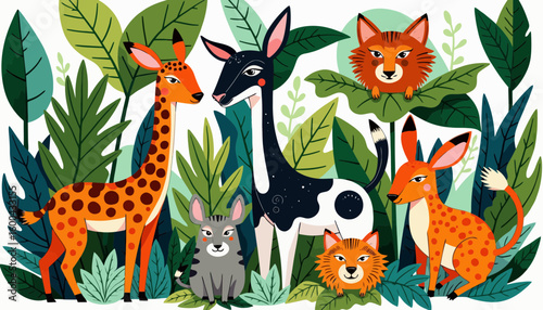 Colorful illustration of animals in lush jungle setting  