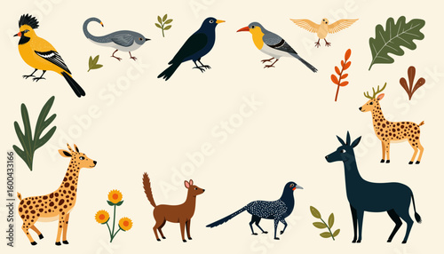 Various animals and birds illustrated with colorful leaves and flowers  