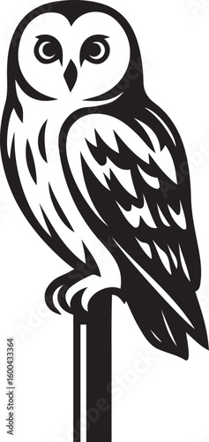 Owl silhouette perched black and white, Striking nocturnal bird vector design