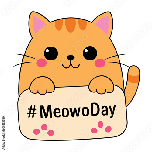 Cute chunky cat cheerfully showing meowday greetings colour Art Vector illustration
