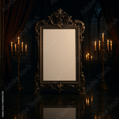 A blank ornate mirror frame mockup stands upright in a candle-lit gothic hall, surrounded by velvet curtains, antique candelabras, and stained glass windows. 