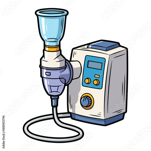Cartoon nebulizer tool. Colored cartoon with line art and white background. AI generated image.