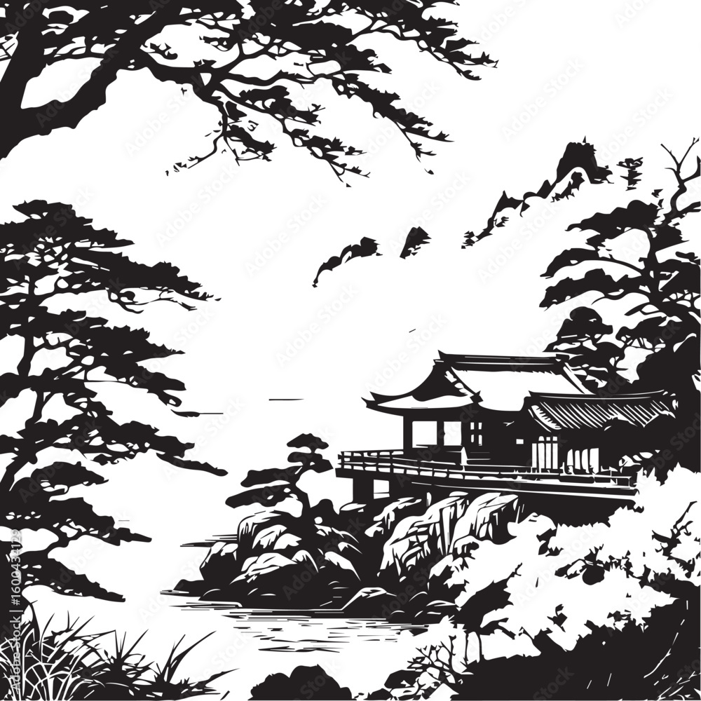 Obraz premium Full view of A highly detailed, Black and white, intricate vector engrave drawing of a japanese landscape,