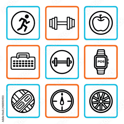 Collection of hand drawn icons representing fitness health and healthy lifestyle choices
