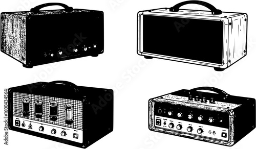 Four vector icons of tube amplifier
