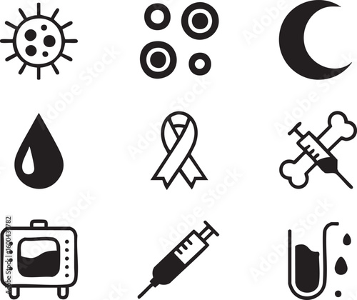 Collection of medical icons representing healthcare disease treatment and awareness in a minimalist black and white design for various health related themes 