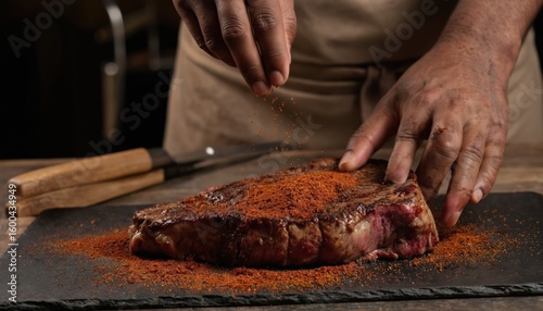 Fototapeta Naklejka Na Ścianę i Meble -  Chef hands carefully apply dry rub seasoning to raw steak. Focus on rich texture of meat and savory spice blend. Preparation for grilling or barbecue. Culinary art in action, preparing delicious meal.