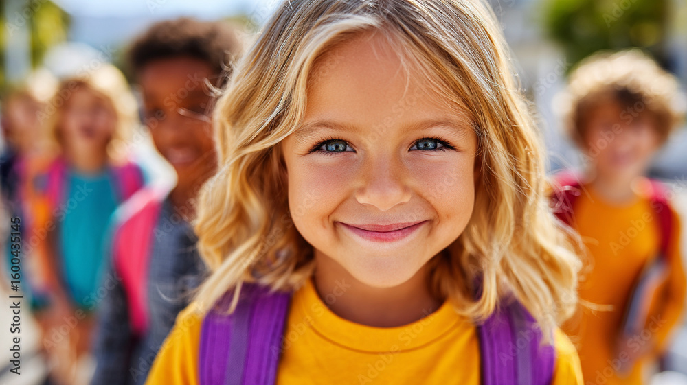 Fototapeta premium A girl with blonde hair and a school backpack goes to school with a group of children.