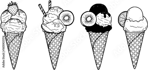 Four vector images of ice cream with fruits
