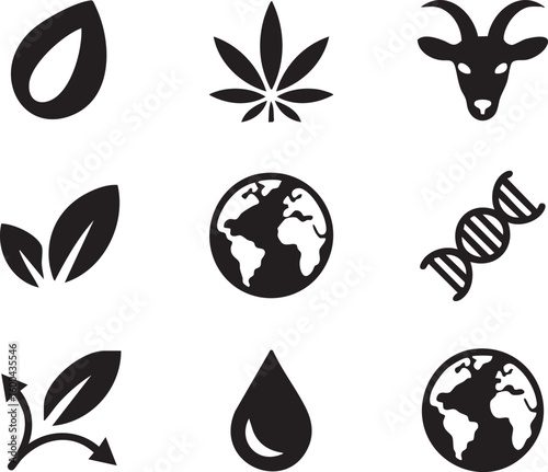 Collection of Black and White Icons Representing Nature Science and Agriculture Including a Seed Leaf Globe DNA and Animal Head Symbolizing Interconnectedness grid