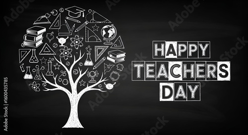Happy teachers day celebration concept with chalkboard background and white educational tree made of school icons books pencils globe science and learning elements