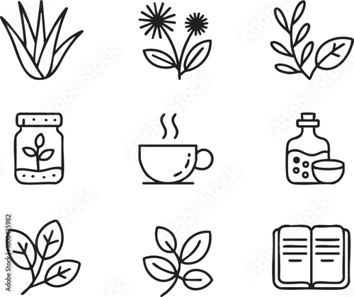 Collection of Herbal and Wellness Icons in a Minimalist Style Featuring Plants Tea Essential Oils and a Book for a Natural Lifestyle Concept