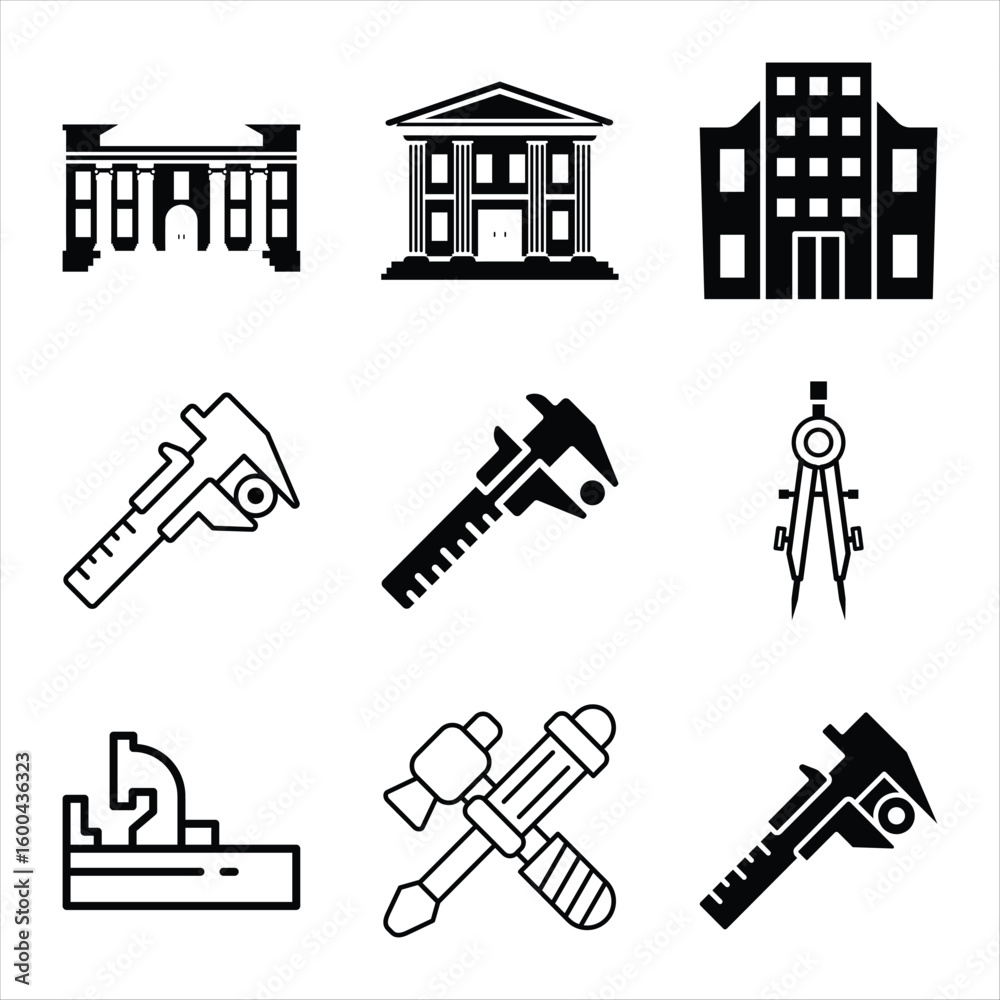 Fototapeta premium Engineering And Architecture Solid Black Vector Icons Set Depicting Buildings And Precision Tools