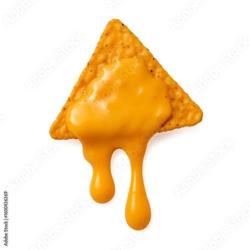 Delicious nacho cheese flavored tortilla chip with melted cheese drizzling down isolated on transparent background