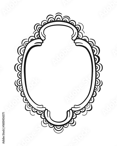 Hand Drawn Frame in Retro Antique Victorian style. Luxurious, Feminine Accessory, Jewelry, Frame with Decorative edges. Vintage coquette element for greeting cards, wedding, invitations. Vector illust