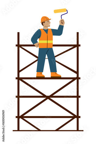 Construction worker standing on scaffolding and painting with roller, flat vector illustration of safety and labor concept