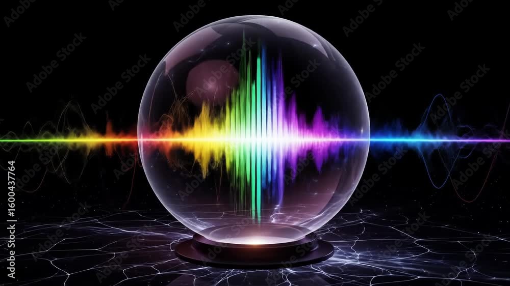 Dynamic Rainbow Audio Wave within Crystal Sphere on Dark Abstract Background