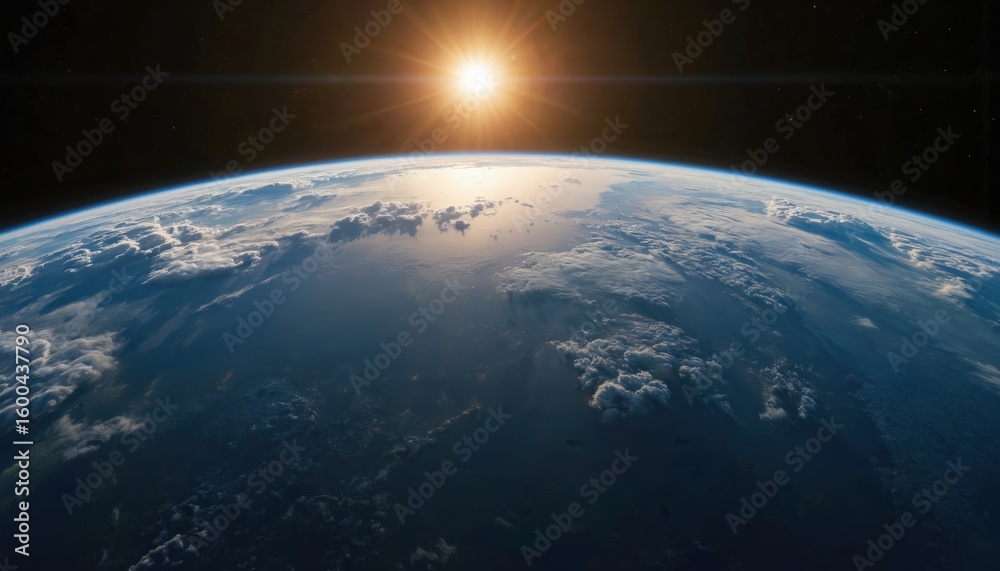 Fototapeta premium Stunning view of Earth from space as sun rises, casting golden rays over clouds and oceans. Witness our planet atmosphere curving against blackness of universe. Global perspective, new day begins.