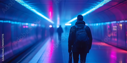 Man with Backpack Walking in a Futuristic Subway Tunnel