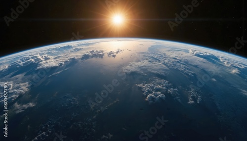 Fototapeta Naklejka Na Ścianę i Meble -  Stunning view of Earth from space as sun rises, casting golden rays over clouds and oceans. Witness our planet atmosphere curving against blackness of universe. Global perspective, new day begins.