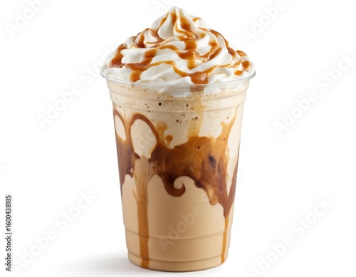 Refreshing caramel frappuccino in clear plastic cup topped with whipped cream, caramel drizzle. Cold coffee drink blends creamy ice cream, milk, sweet caramel sauce for delicious treat. Perfect for