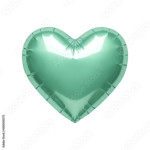 A realistic mint green heart-shaped foil balloon, isolated on a transparent background for baby showers, parties, and spring celebrations
